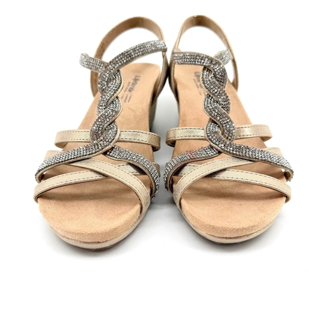 LifeStride Miami Wedge Sandals Women 7M Gold Excellent Rhinestone Strappy Dressy